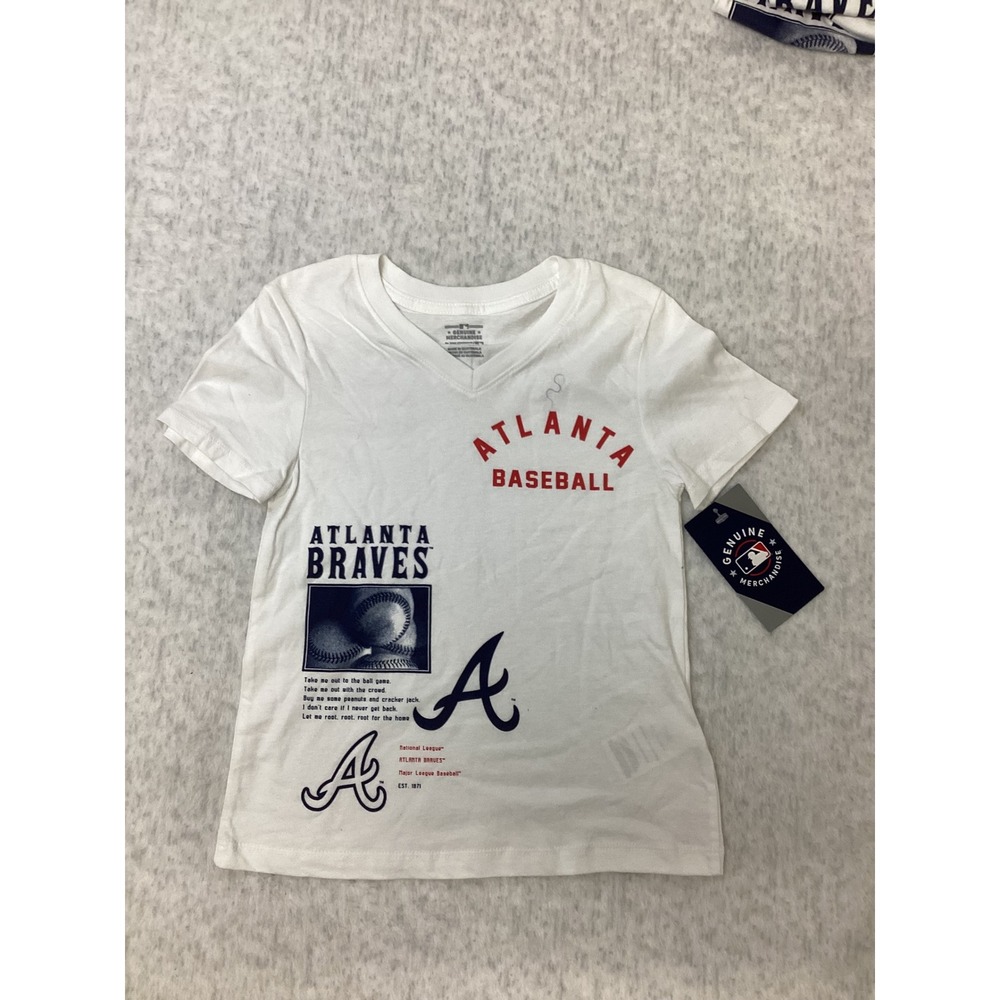 Atlanta Braves Girls White Graphic V-Neck T-Shirt MLB Genuine Merchandise S 6/6X